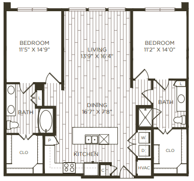 Floor plan for 2 beds, 2 baths, 1247 sqft